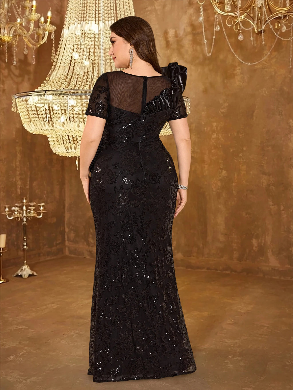 Paris Plus Size Black Luxury Ruffled Sequins Evening Elegant Long Sleeve Mermaid Dress