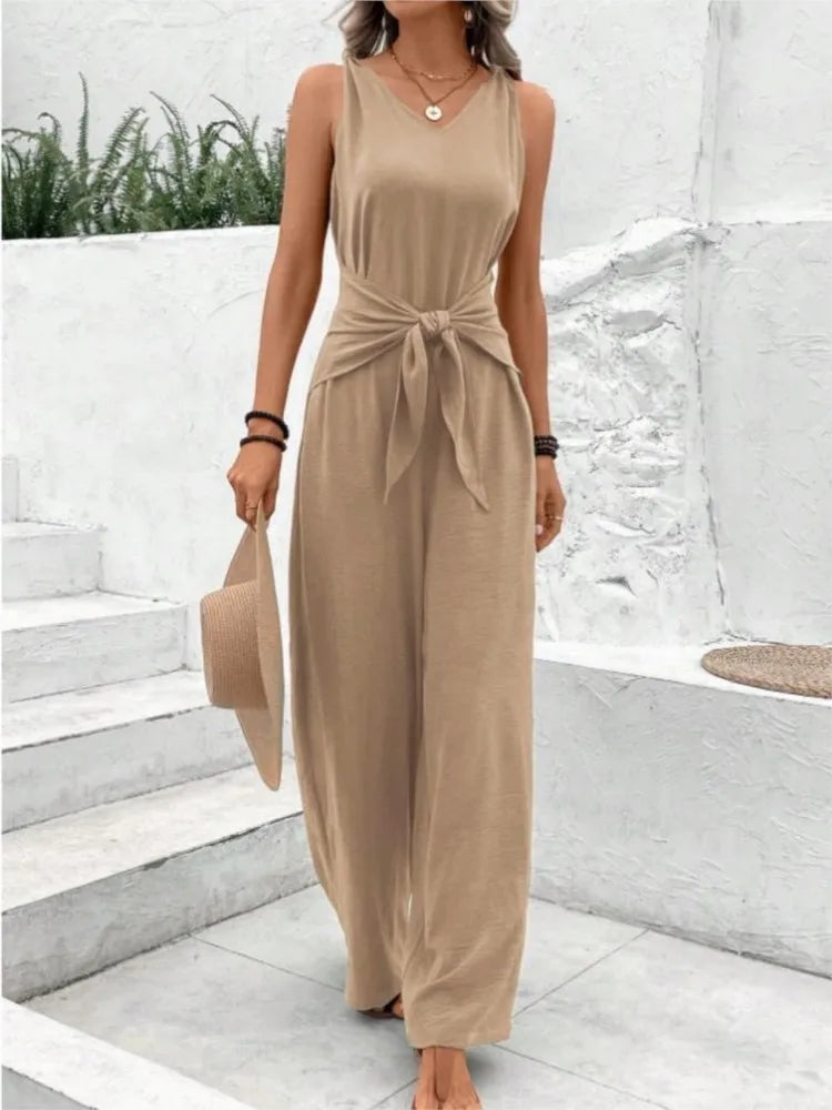 Women Casual Sleeveless V Neck Lace-Up Wide Jumpsuits Lady Summer Holiday