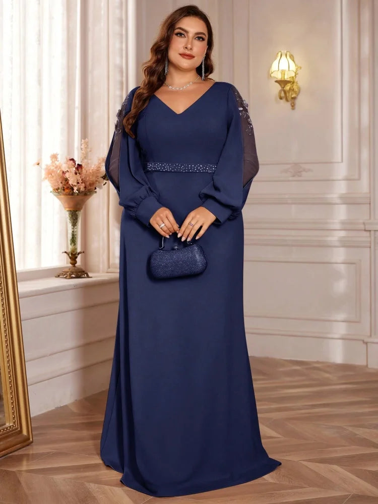 Cuba Plus Size Luxury V-Neck Blue Long Sleeves Sequins Formal Evening Dress