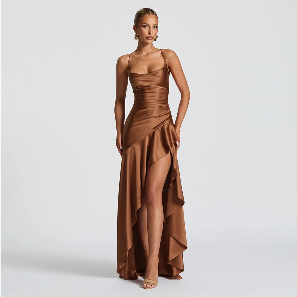 Stony Point Satin Long Dr with High Slit And Lace Trim Charming Dress