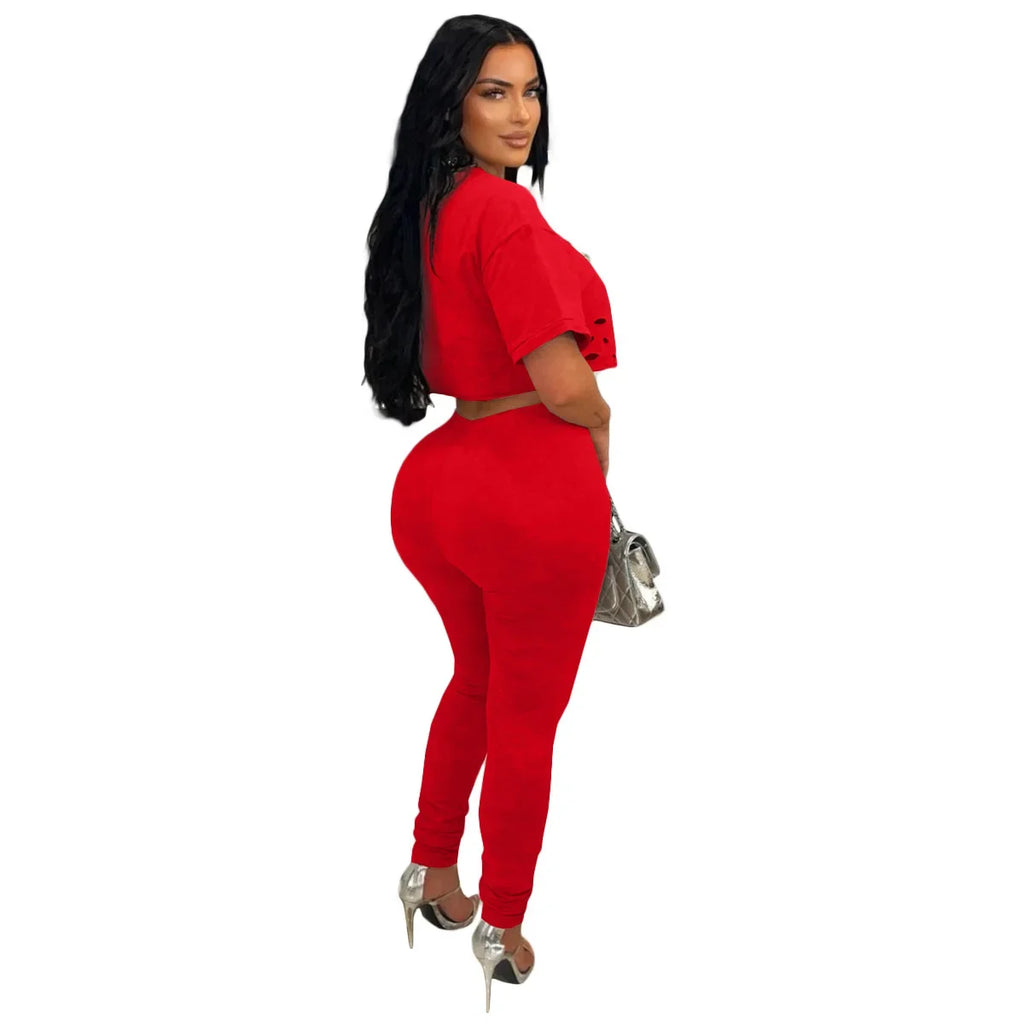 Prospect Hollow Out Hole Pin Sleeve Tide Outfit Tracksuit Two Piece Set