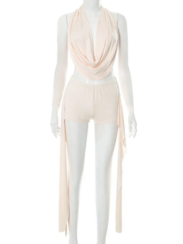 Beattystown Puss Elegant Halter Swing Collar Backless Sexy Tank Side Tassel Matching Set