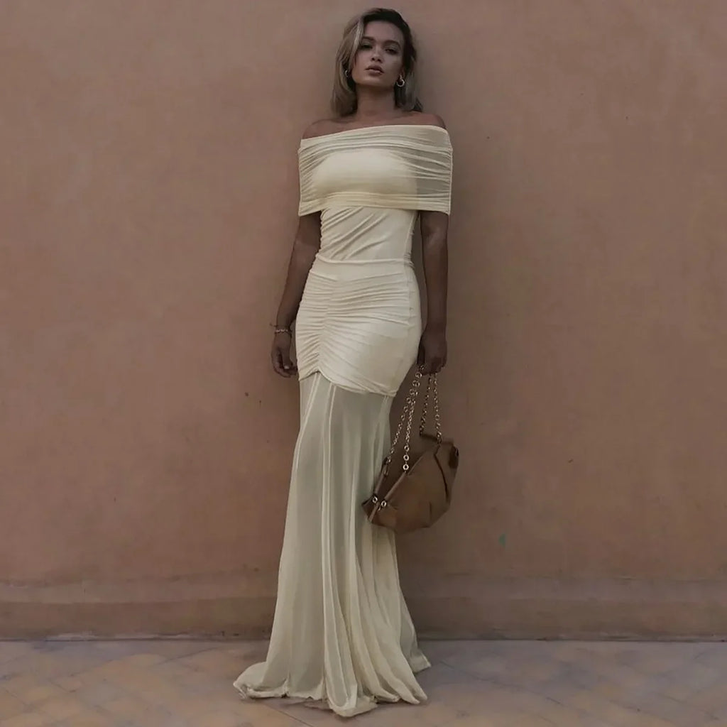 Cowen Off Shoulder Mesh Apricot See Through Ruched Dress