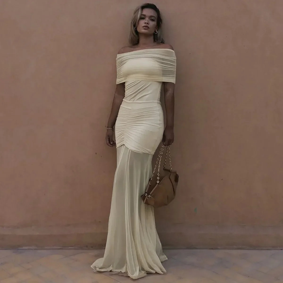 Cowen Off Shoulder Mesh Apricot See Through Ruched Dress