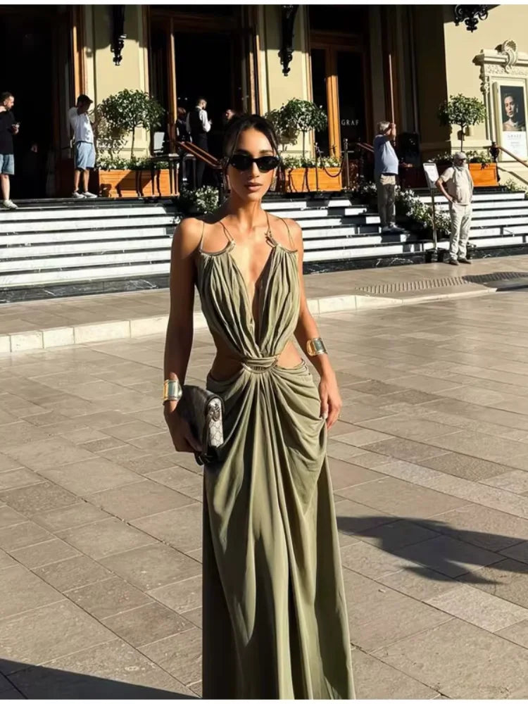 Solid Color Spaghetti Strap Sleeveless Sexy Deep V Cutout Waist Ruched Maxi Gown Dress
