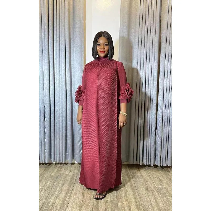 Miyake Solid Color Long Sleeved Three-dimensional Embroidered Temperament Long Loose Dress