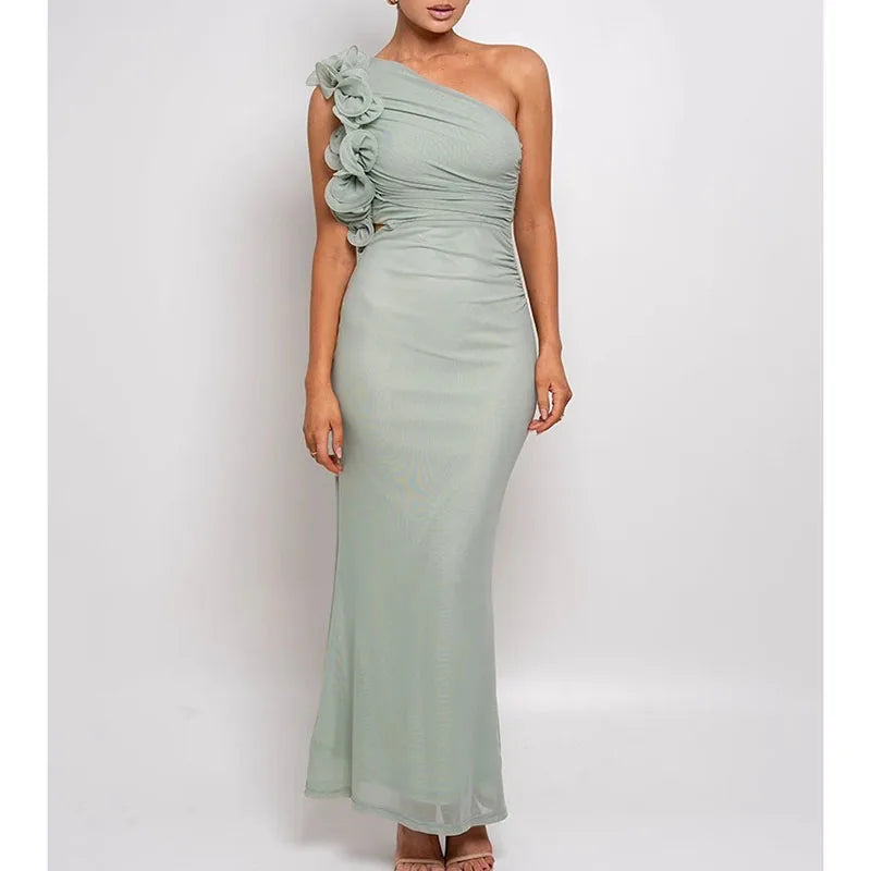 Allendale One Shoulder Bodycon Mesh Ruched Sexy Backless Long Dress