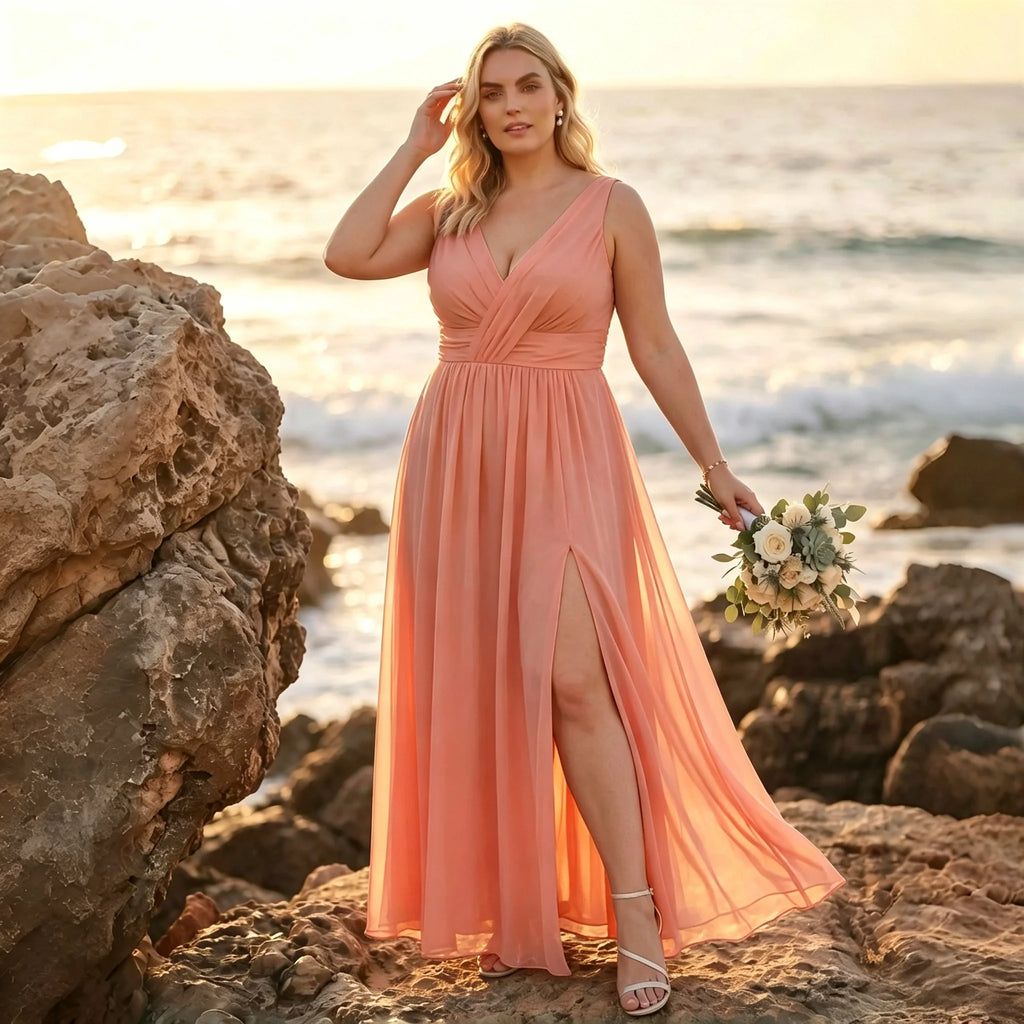 Newark Navy Blue Plus Size Chiffon Bridesmaid Sleeveless Deep V Neck Cross Ruched Dress