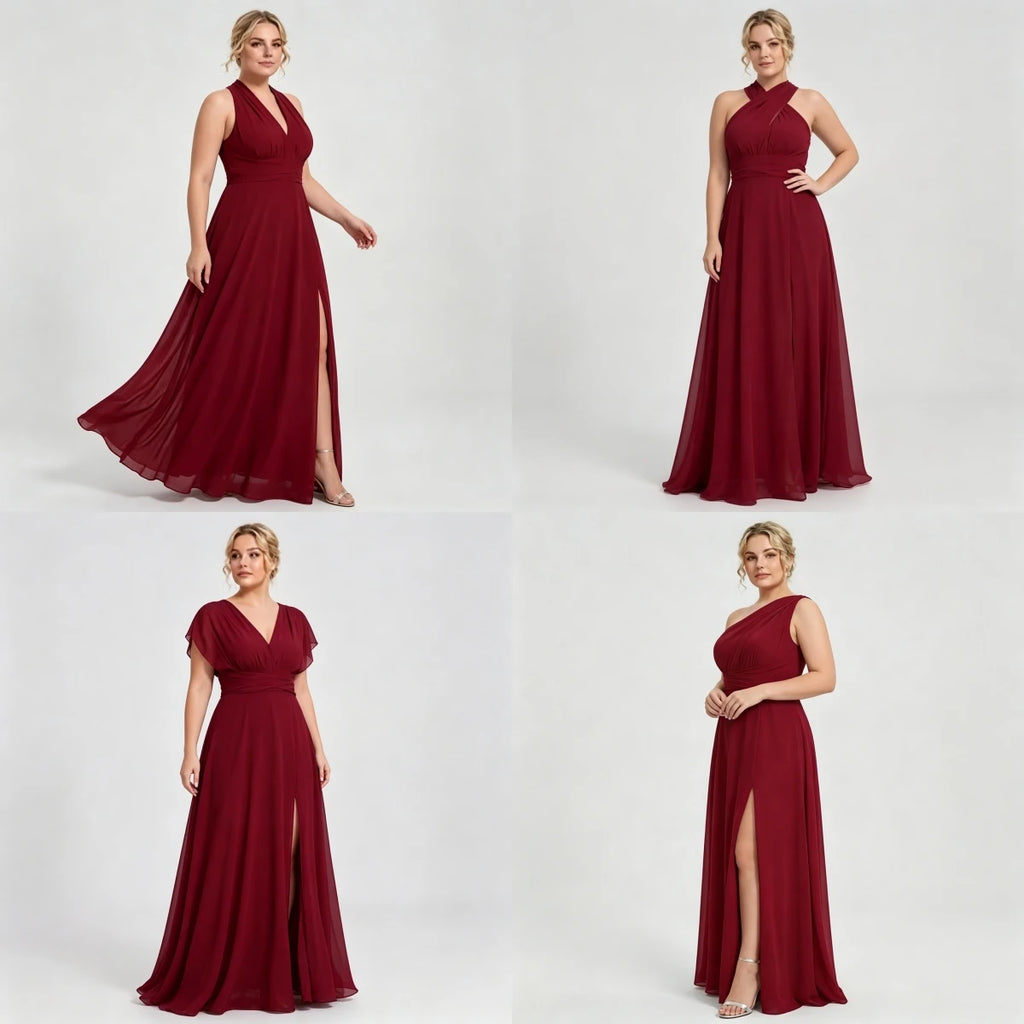 Montclair Multi Wrap Convertible Chiffon Long Bridesmaid Gown Front Split Dress
