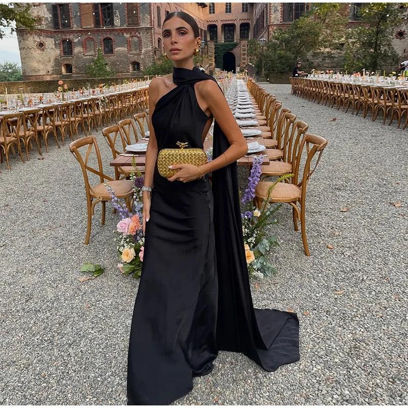 Meadville Elegant Ribbon Halter Solid Off Shoulder Sleeveless Backless Slim Maxi Dress