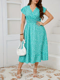 Brunnel Plus Size Teal Polka Dot V Neck Flutter Sleeve Smocked Waist Ruffle Hem Midi Dress