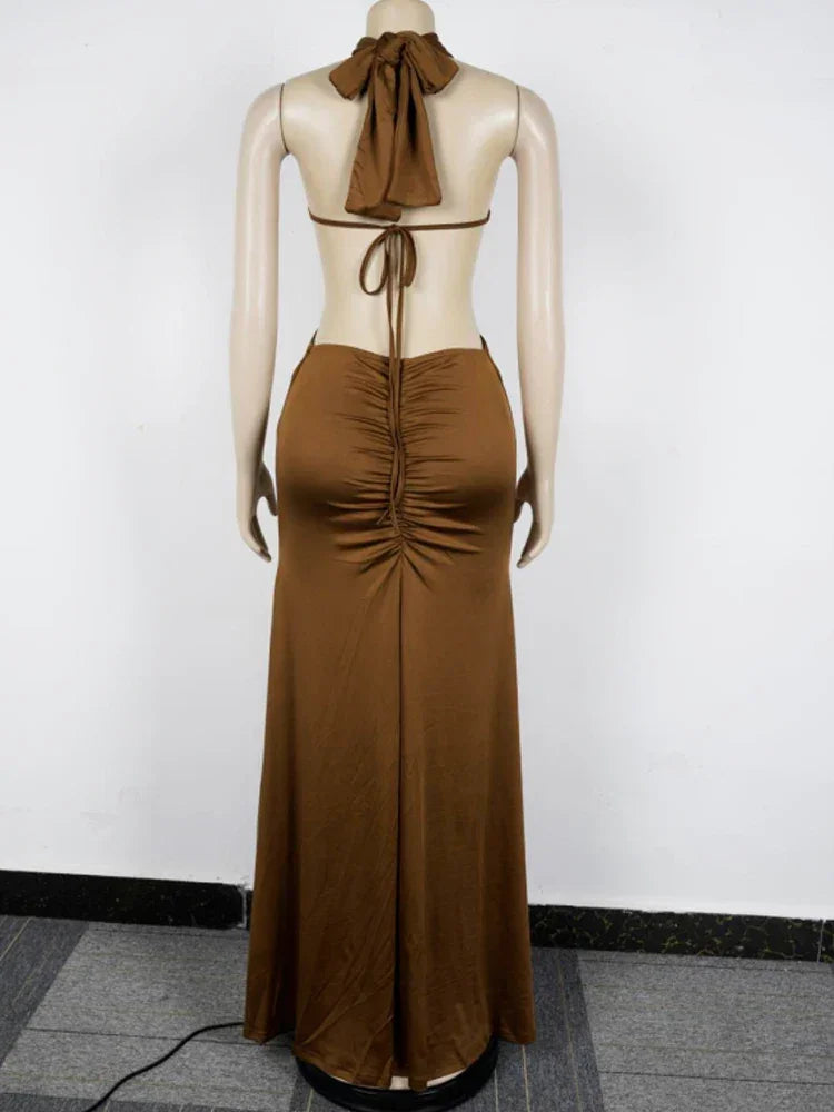 Hoosick Falls Halter V Neck O Rings Long Glam Sexy Backless Ruched Maxi Dress