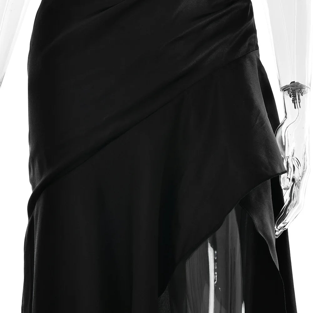 Stony Point Satin Long Dr with High Slit And Lace Trim Charming Dress