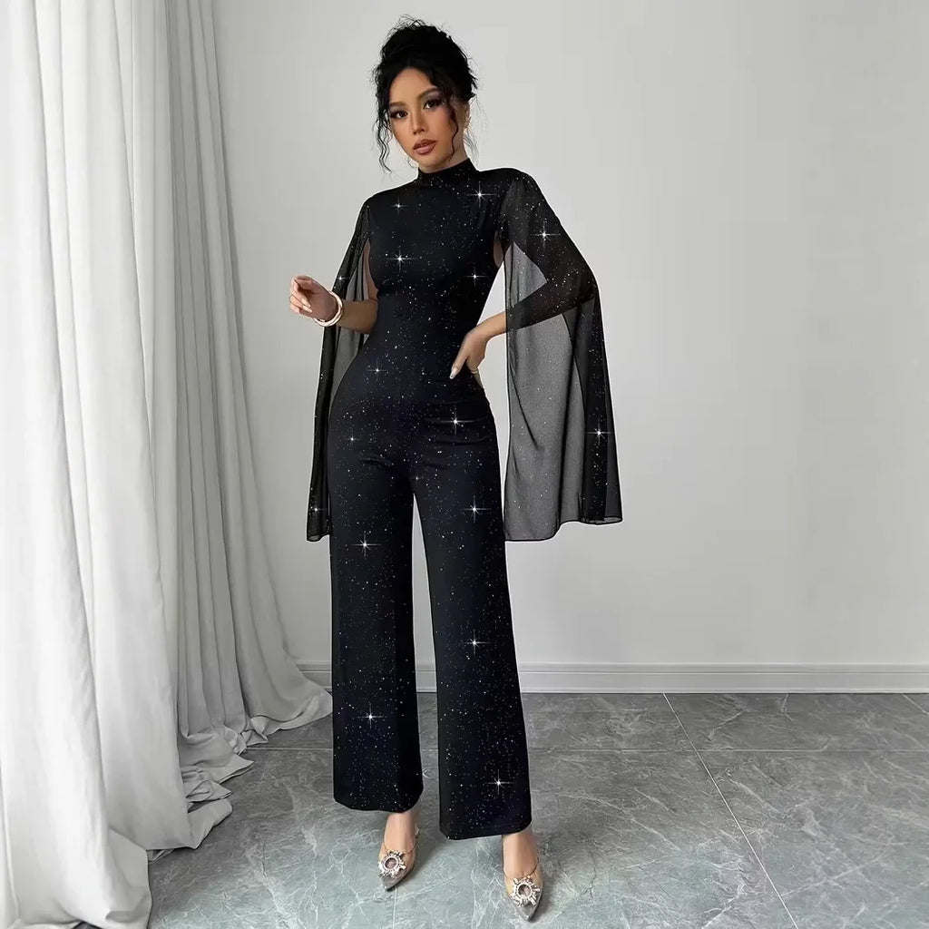 Manhattan Glitter Mock Neck Sheer Chiffon Cloak Sleeve Elegant Overalls Temperament Jumpsuit