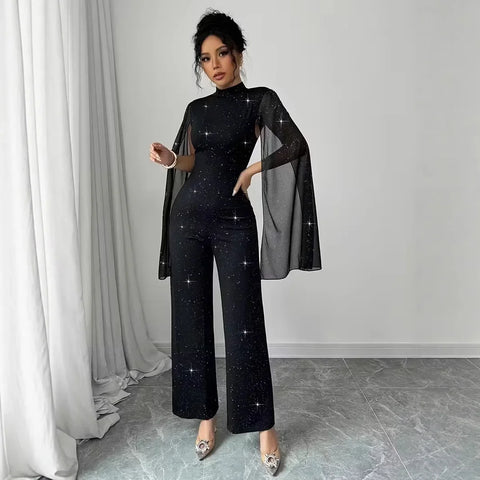 Manhattan Glitter Mock Neck Sheer Chiffon Cloak Sleeve Elegant Overalls Temperament Jumpsuit