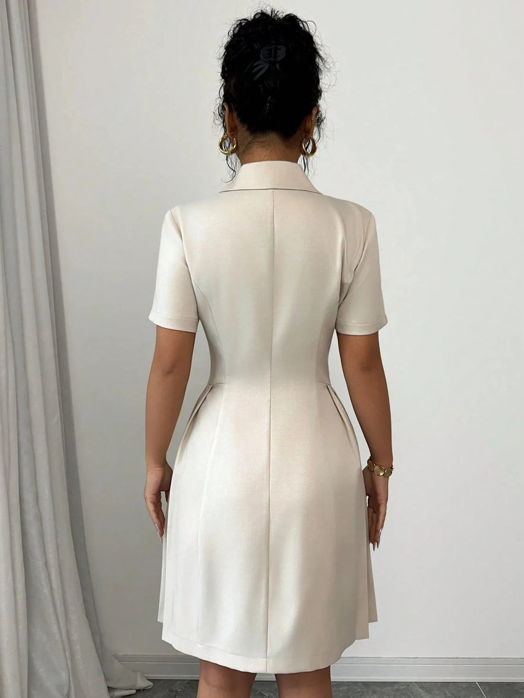 All Ways Solid Color Notched Lapel Double Breasted Short Sleeve Slim Midi Dress