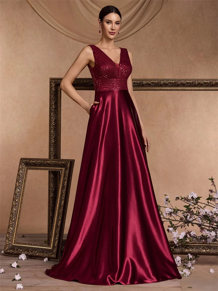 Oklahoma Elegant Sequins Evening Deep V-neck Satin Prom Party Dress