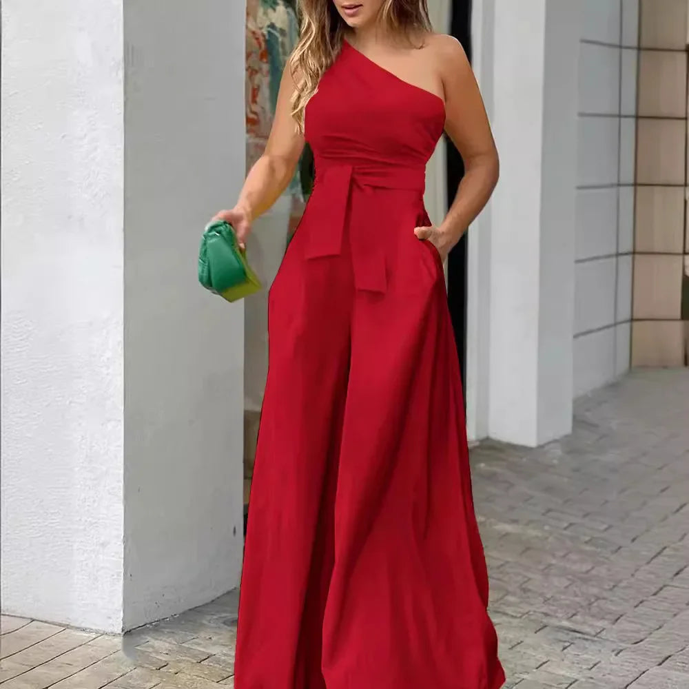 Boardman Solid Color Lace-up Irregular Off-The-Shoulder Casual High Waist Wide Jumpsuit