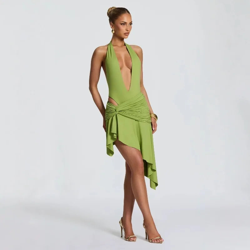 Flor Sexy Halter Plunge V Backless Two Piece Sets