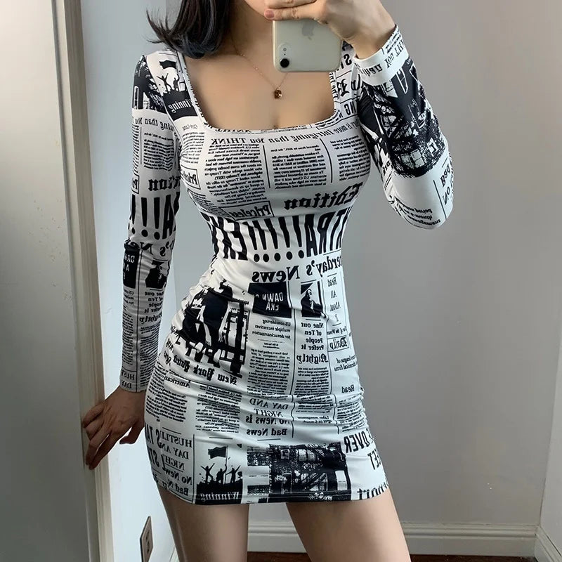 Amazonia Printed Newspaper Sexy New Fashion Street Shooting Slim Mini Dress