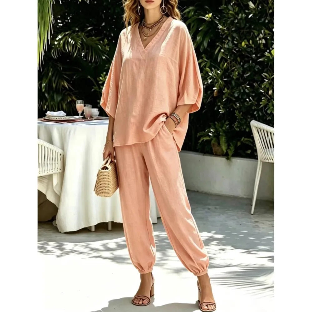 Bianca Loose Batwing Sleeve V Neck Two Piece Sets