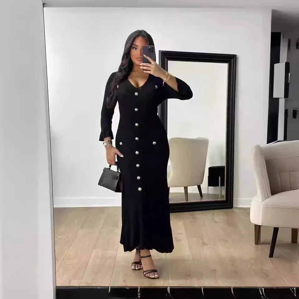 Tennessee Elegant Knitted Fashion V Neck Long Sleeves Slim Buttons Solid Color Long Dress
