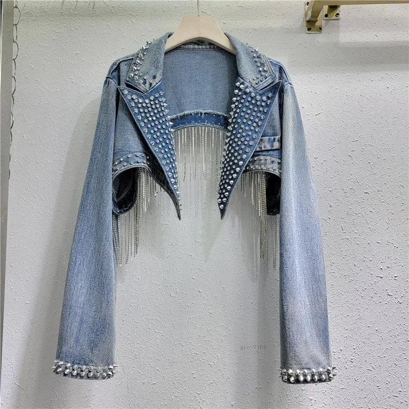Stroadsburg Beaded Tassels Rivets Crystal Fringed Backless Cowboy Jacket