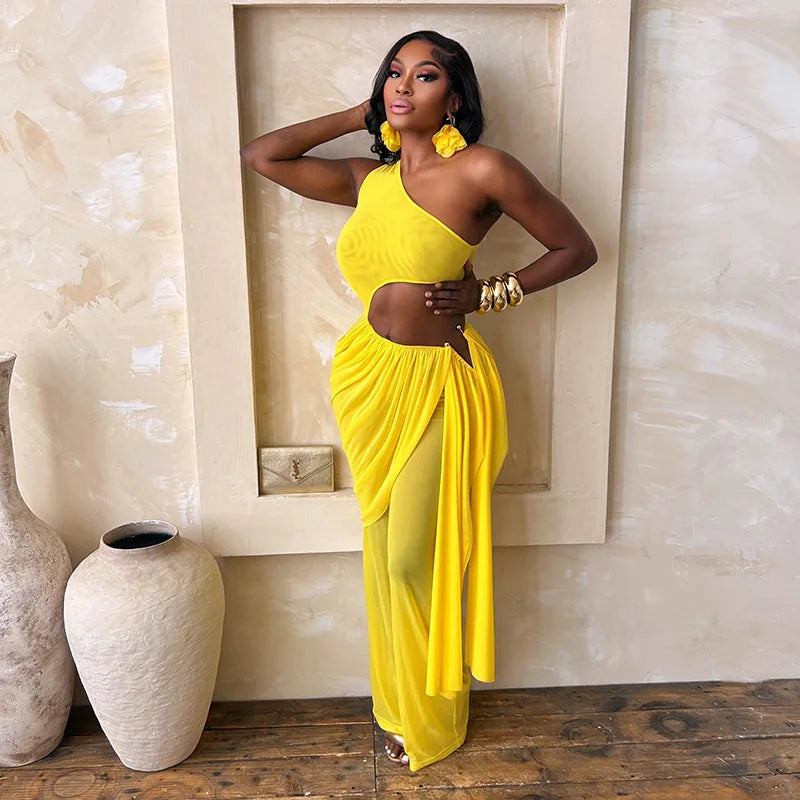 Alabama Mesh See Through One Shoulder Cutout Waist Jumpsuit Draped Overlay