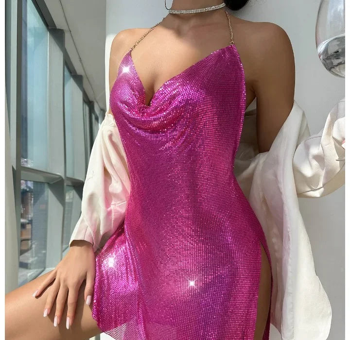 Square Backless Sequin Suspender V-neck Halter Neck Split Dress