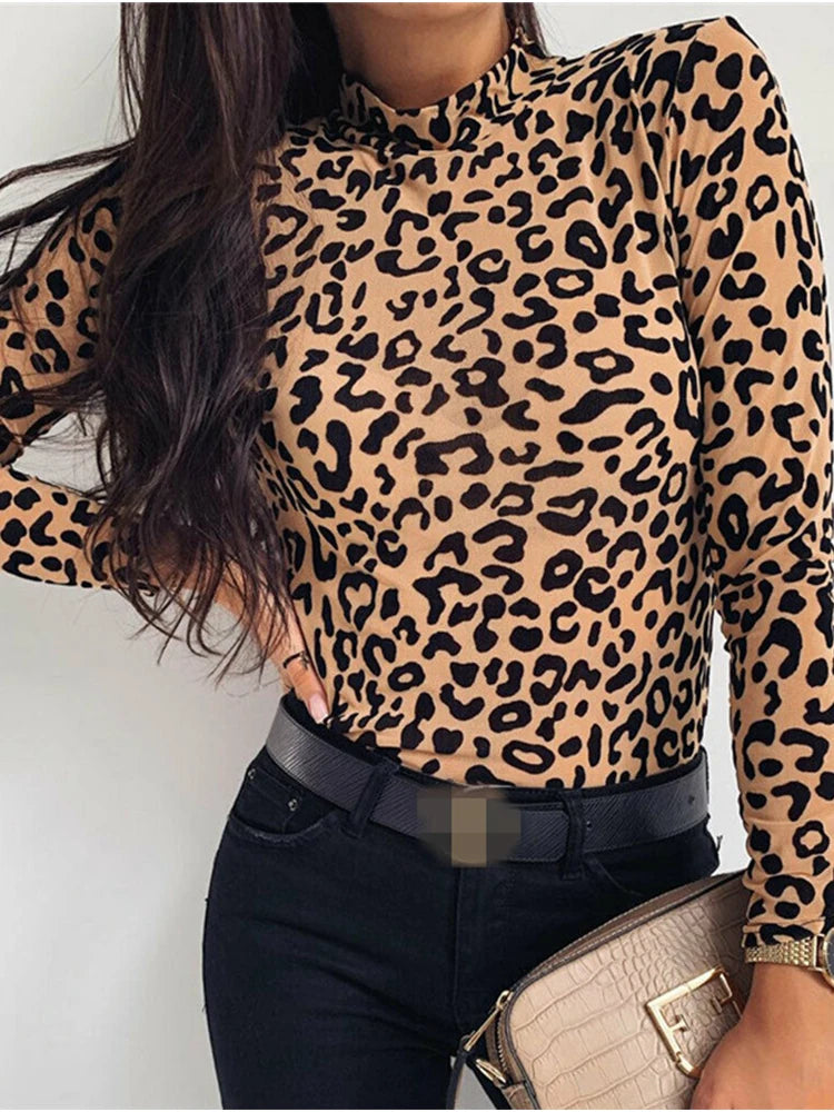 Hudson Yards Leopard Print Turtle Neck Blouse Autumn Long Sleeve Tops