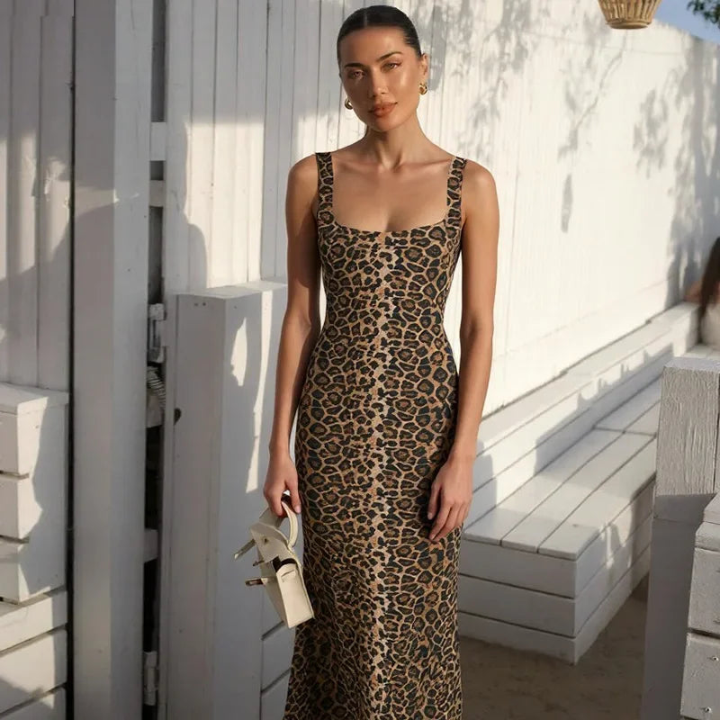 Bath Beach Elegant Square Collar Sleeveless Bodycon Split Leopard Print Long Party Dress