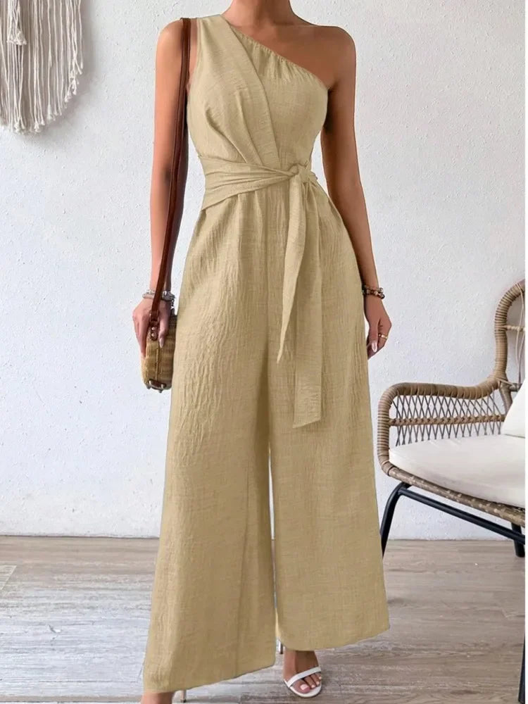 Detroit Fashion Sleeveless Diagonal Collar High Waist Lace-up Wide Leg Jumpsuits