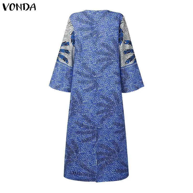 Samba Plus Size Bohemian Long V Neck Sleeve Printed Maxi Dress