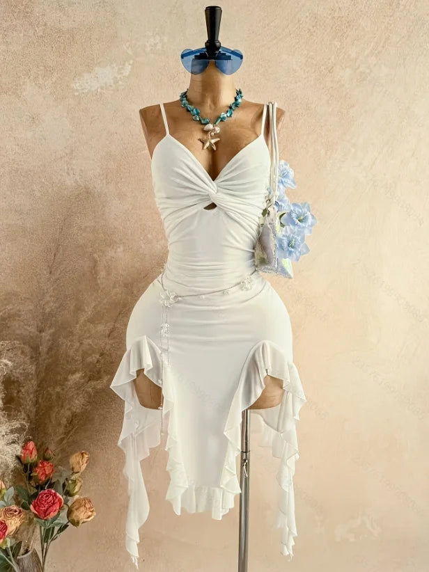 Hamburg Spaghetti Strap Asymmetrical White Folds Mini Dress