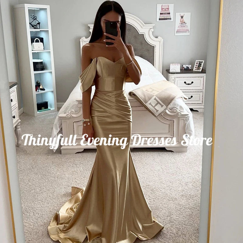 Verplanck Champagne Mermaid Prom Off The Shouler Satin Evening Dress