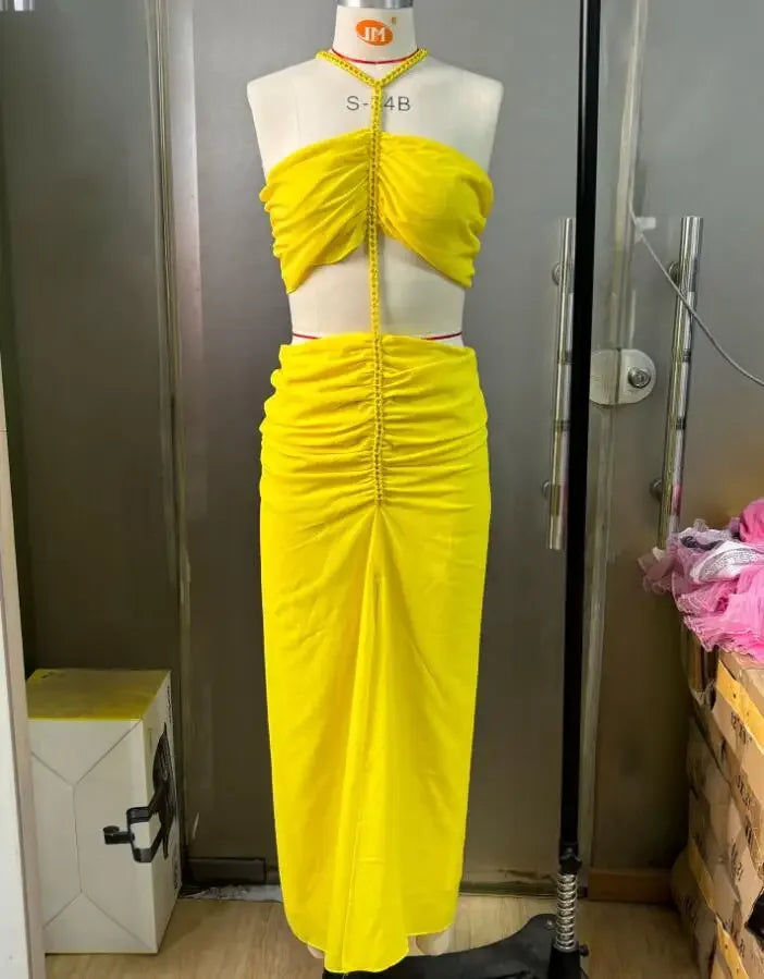 Grand Remous Irregular Low Waist Slit Sleeveless Hanging Neck Chain Chiffon Dress