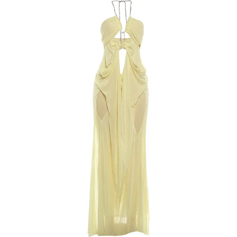 Pine Plains Sexy See Through Luxury Chain Halter Low Neck Backless Dress
