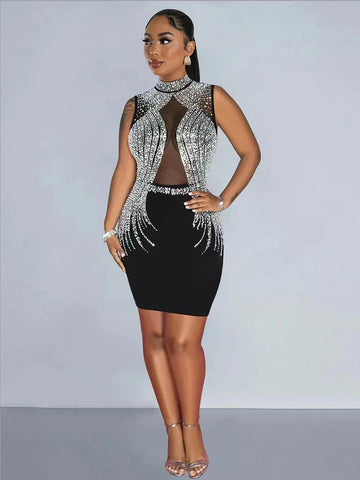 Maryland Stamping Diamond Elegant O-neck Sleeveless Tight Fitting Shiny Dress