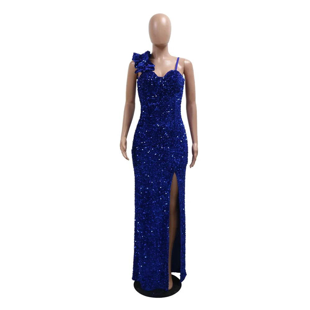 Bayone Sexy Sequins Solid Sexy Slim Fit Evening High Waist Elegant Lady Sleeveless Split Dress