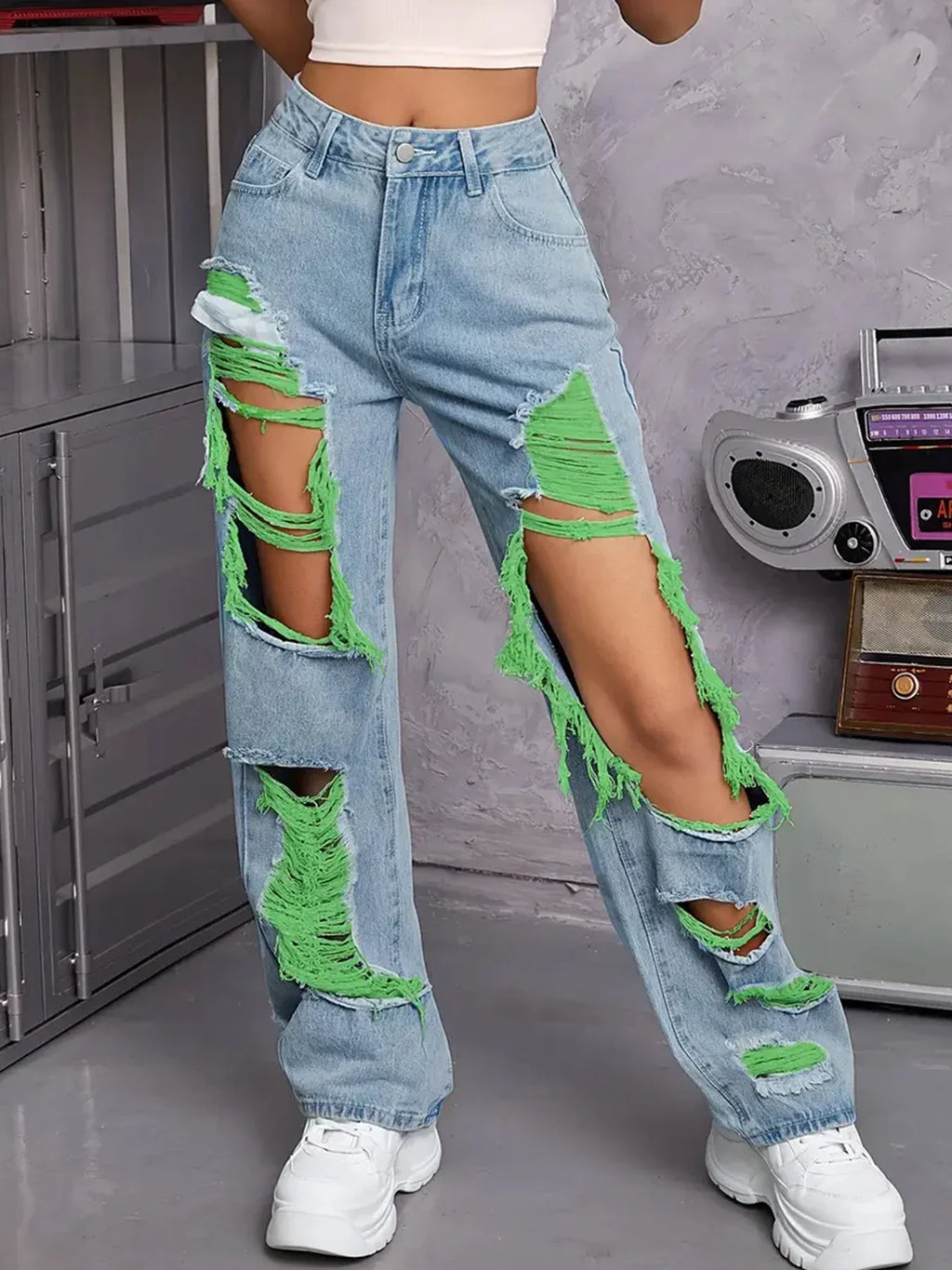 Harvey Cedar Light Washed Ripped High Waist Baggy Straight Leg  Denim