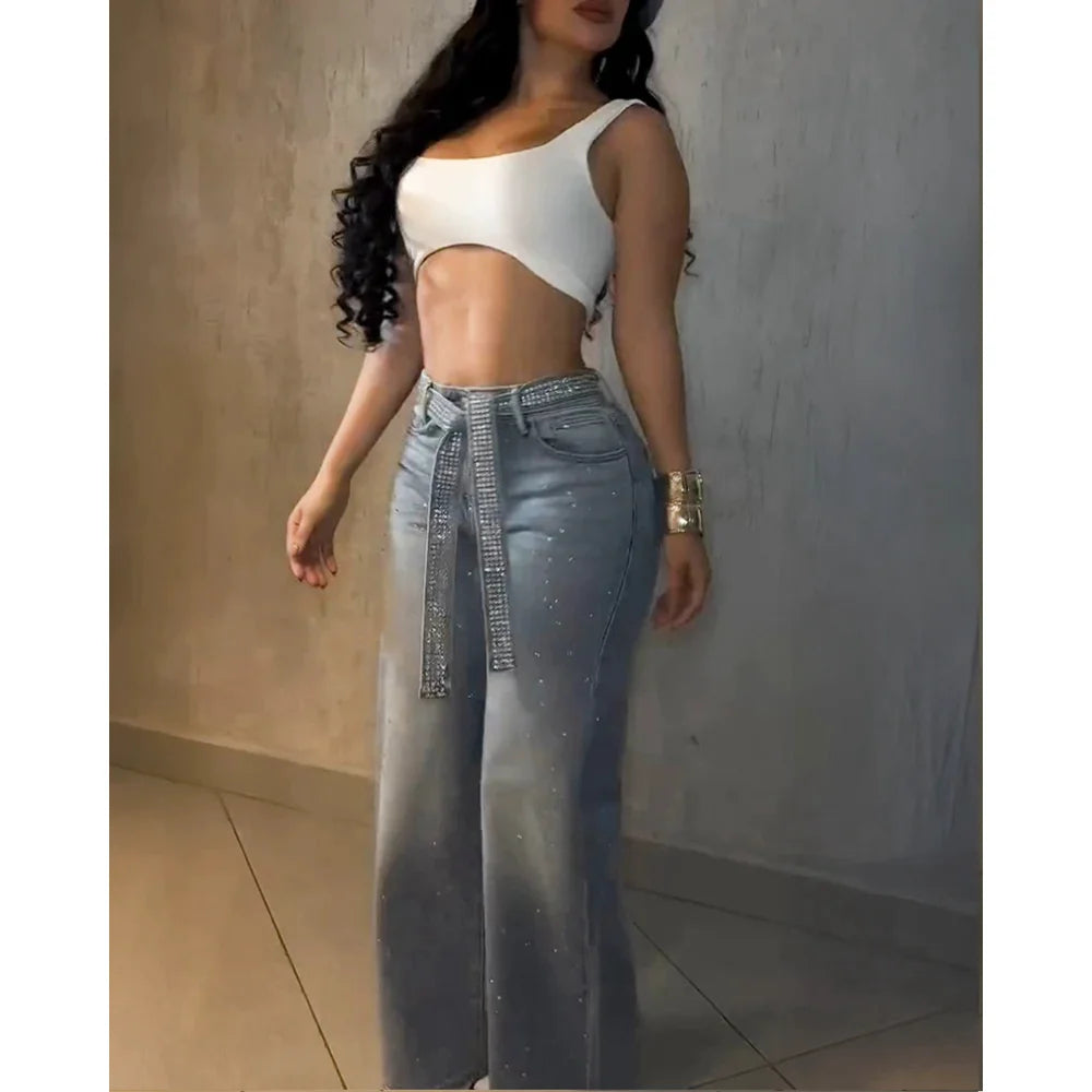 Venus Allover Rhinestone Decor High Waist Zipper Fly Casual Wide Leg Loose Fit Denim