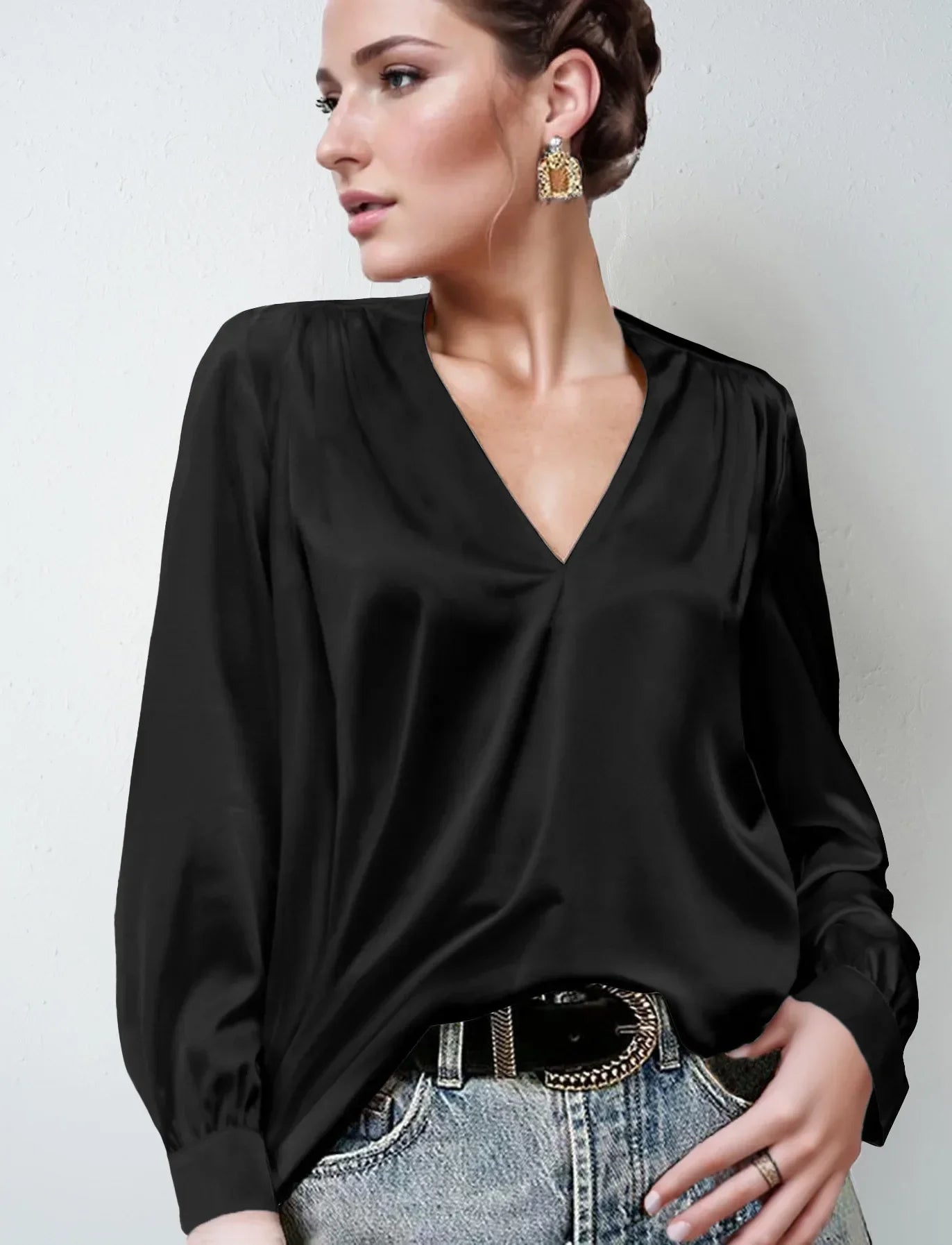 Elmer Solid Color V-Neck Long Sleeve Office Loose Elegant Blouse