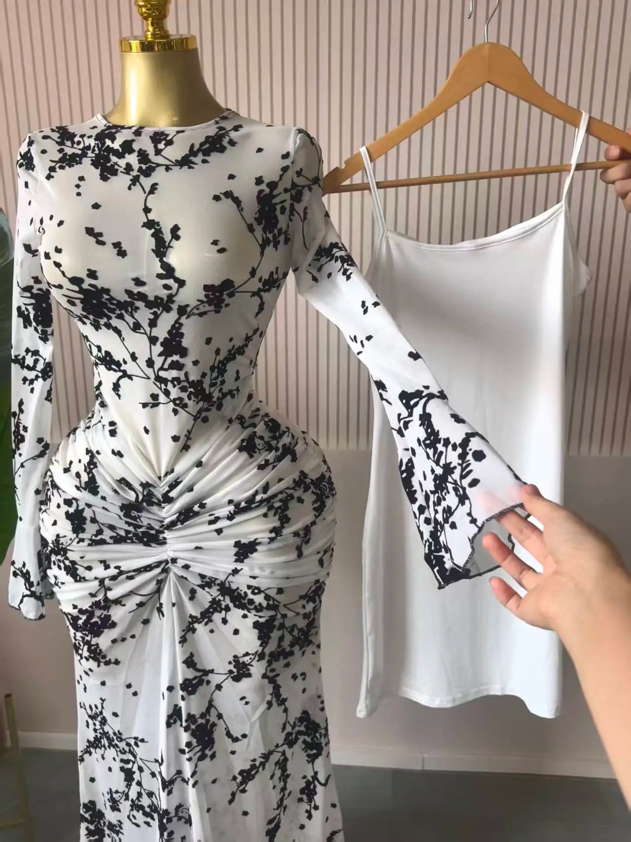 Peru Long Sleeve Stacked Mesh See Though with Lining Bodycon Long Dress