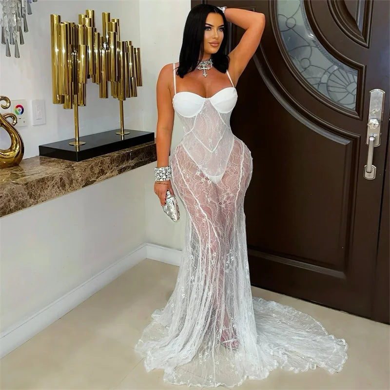 Harlem See Through Lace Mermaid Evening Dress Nightclub Spaghetti Strap