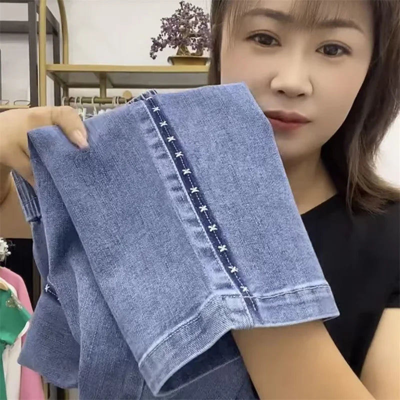 Fashion Women Jeans 2025 New Spring Autumn Korean Wild Elastic Waist Straight Denim