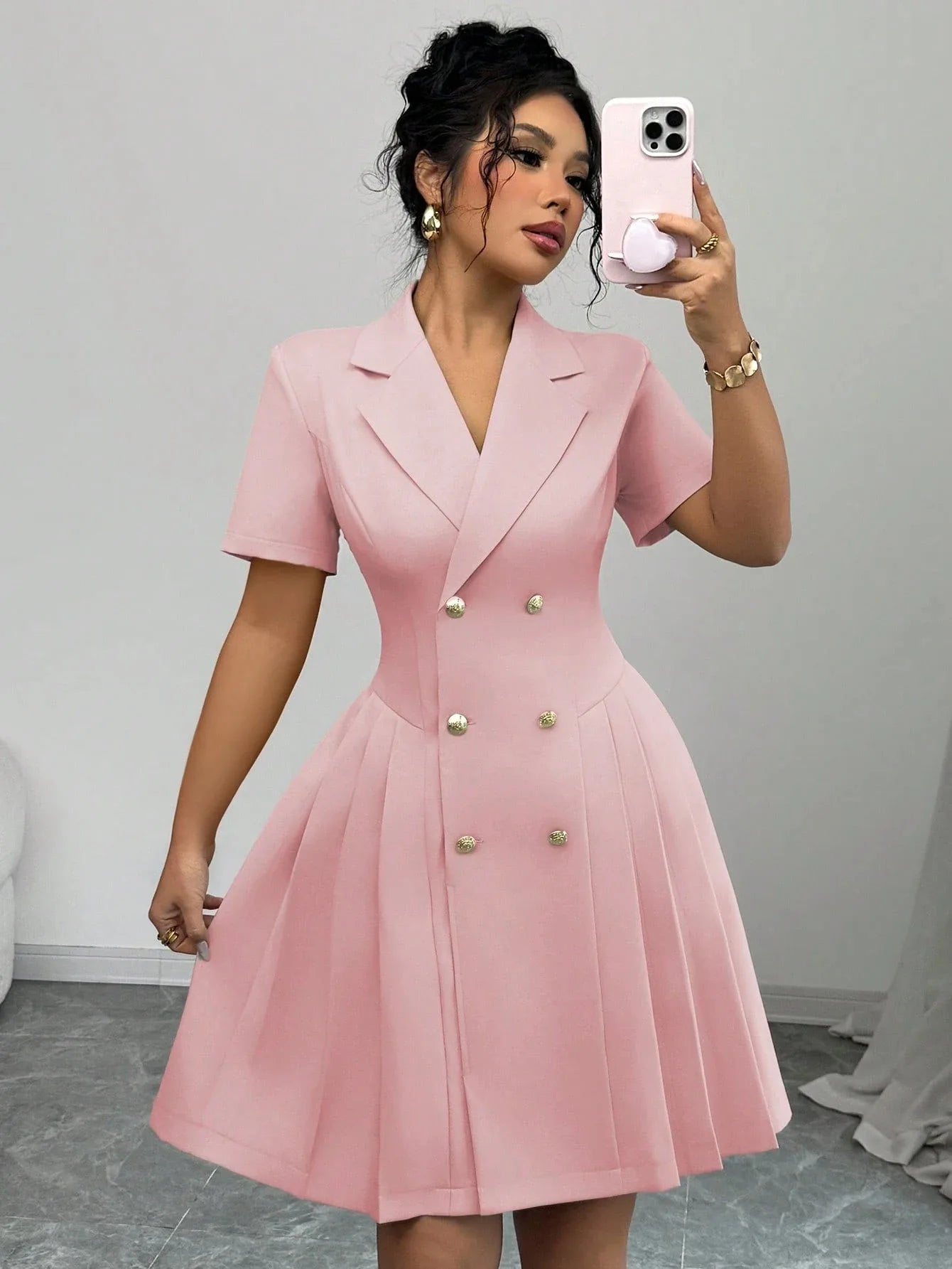 All Ways Solid Color Notched Lapel Double Breasted Short Sleeve Slim Midi Dress