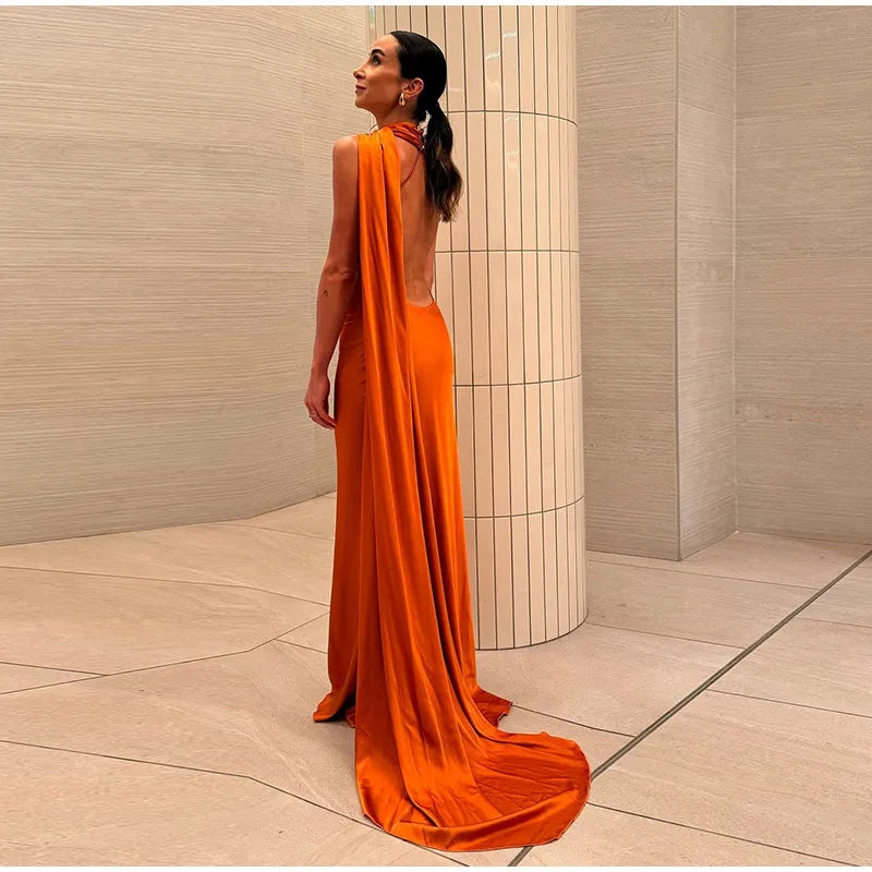 Califon Sexy Satin Ribbon Party Elegant Halter Backless Off Shoulder Sleeveless Maxi Dress