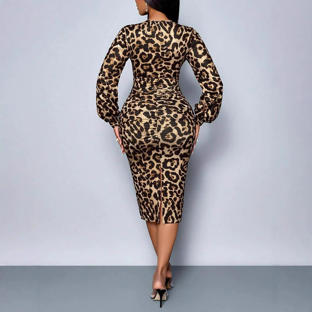 Windsor Terrace Printed V-Neck Lace Long Sleeve High Waist Club Party Midi Dress