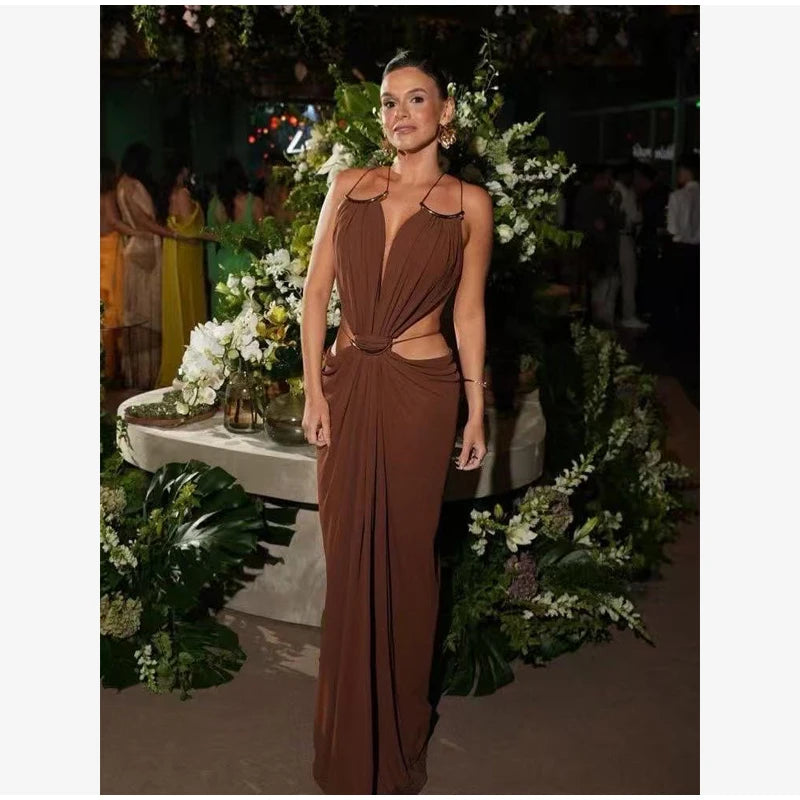 Solid Color Spaghetti Strap Sleeveless Sexy Deep V Cutout Waist Ruched Maxi Gown Dress