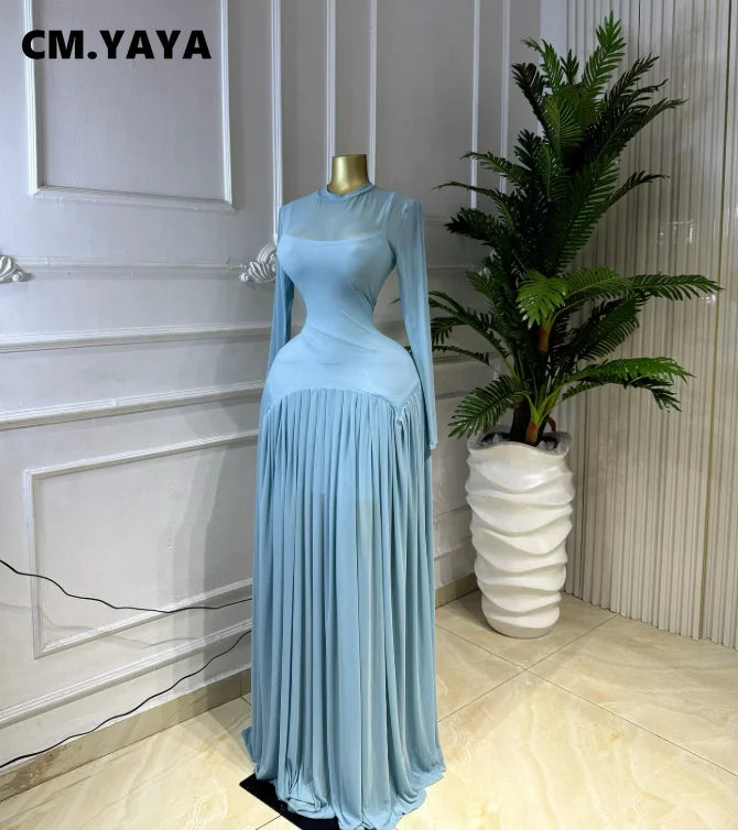 O Neck Mesh Long Sleeve Pleated Sexy Evening Party Long Dress